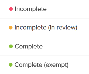 List of completion statuses. They are "Incomplete", "Incomplete (in review)", "Complete", and "Complete (exempt)".